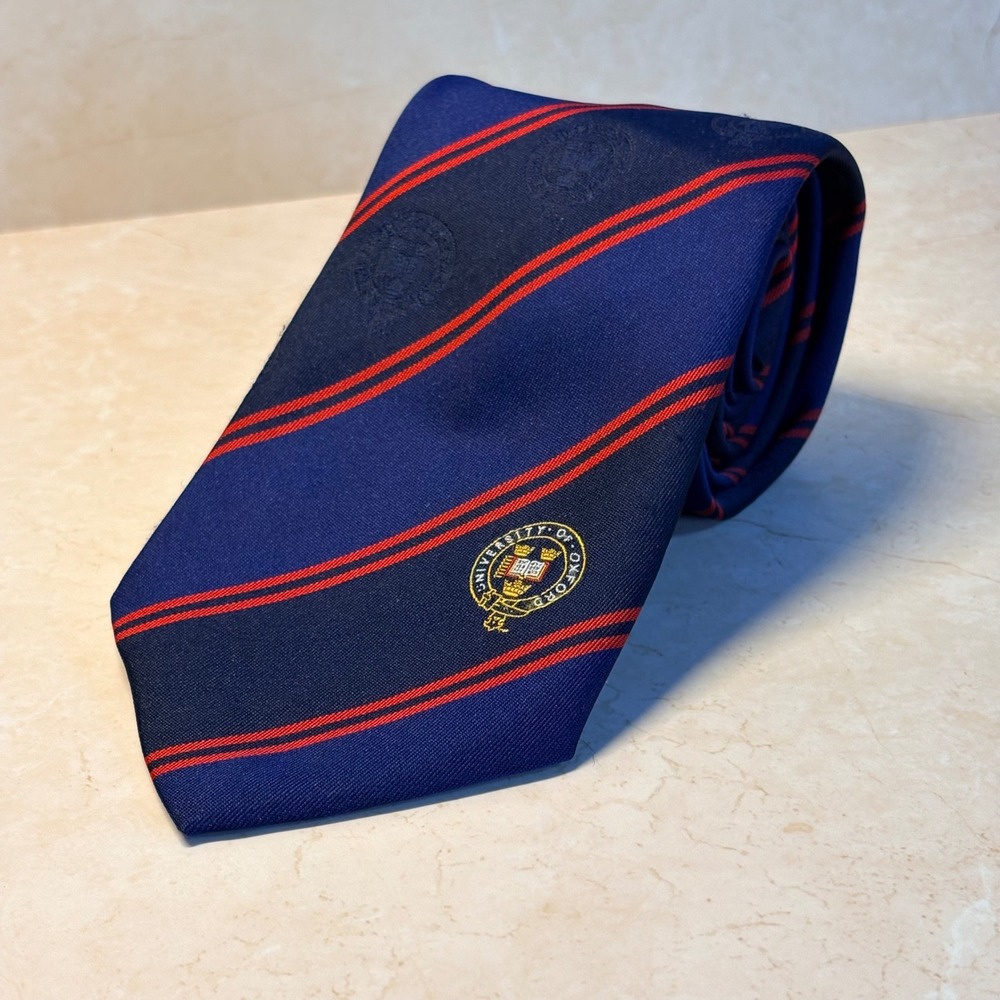 University of Oxford Collection Navy Blue Red Striped Crest Tie Made in UK
